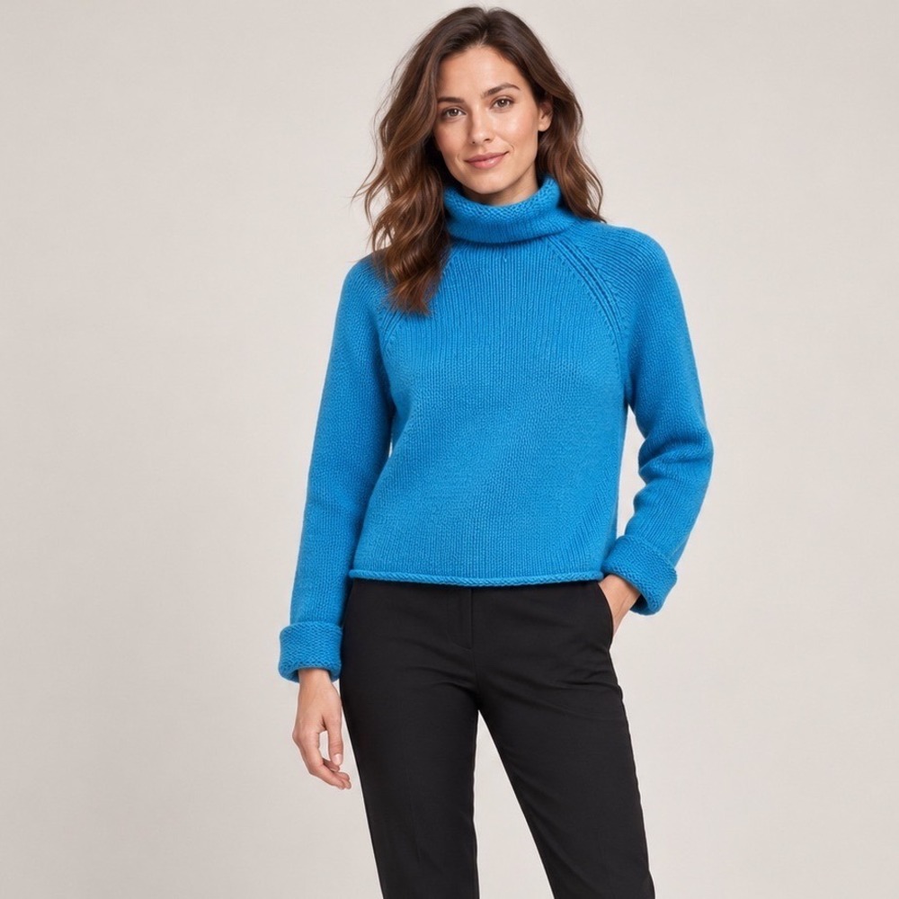 DKNY Womens Blue 100% Lambswool Chunky Knit Turtleneck Sweater Size M